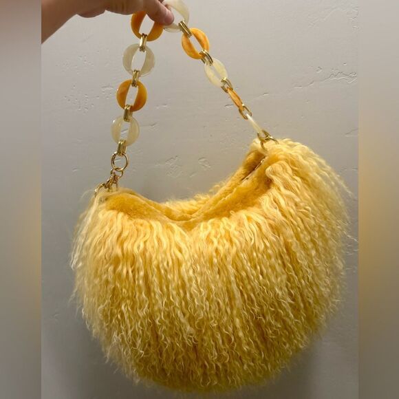 Yellow Real Mongolian Lamb Fur Handmade Stylish Hobo Bag/Multi Use Style - Picture 7 of 17